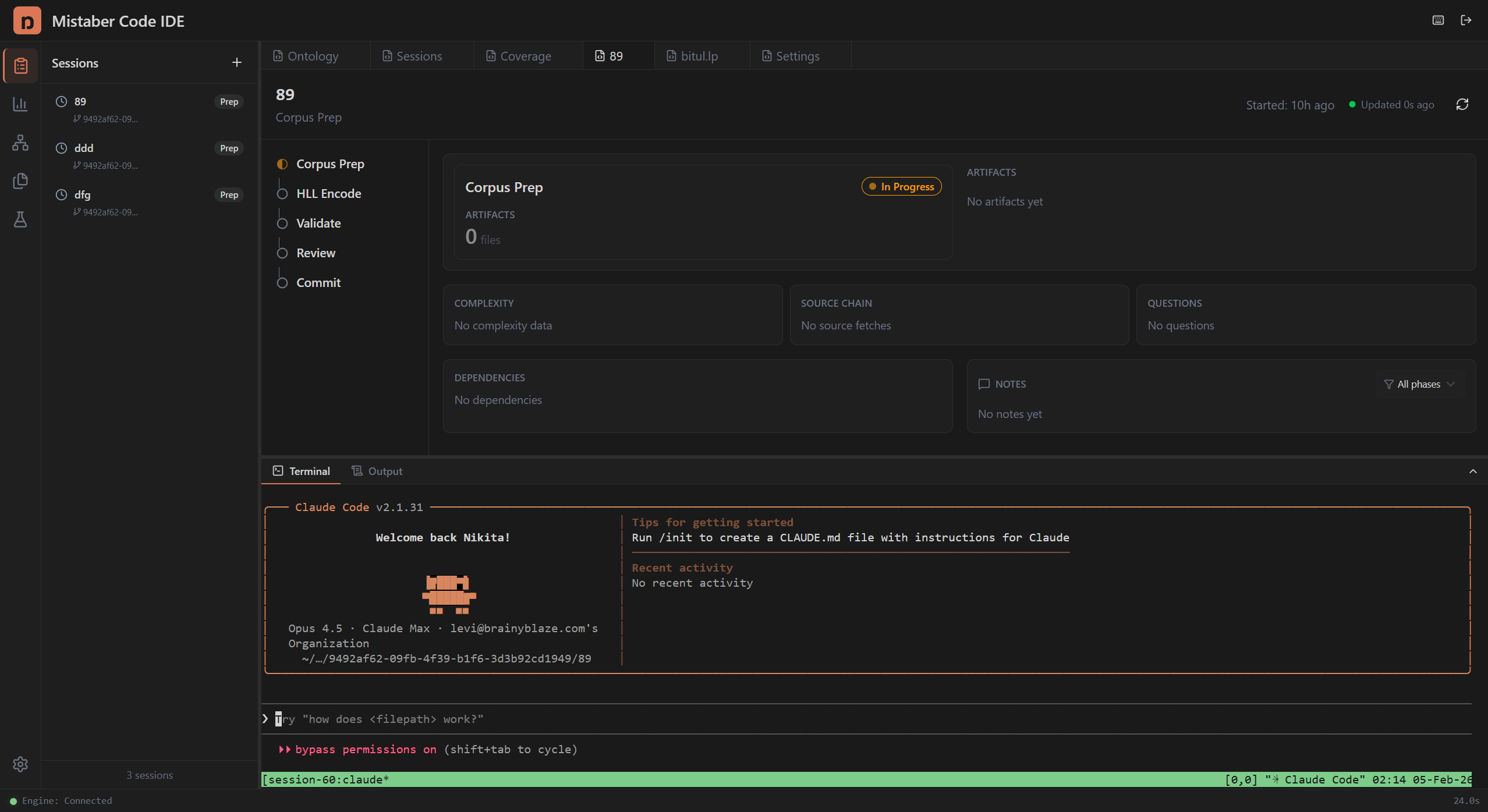 Mistaber IDE — sessions panel with terminal and corpus preparation phase