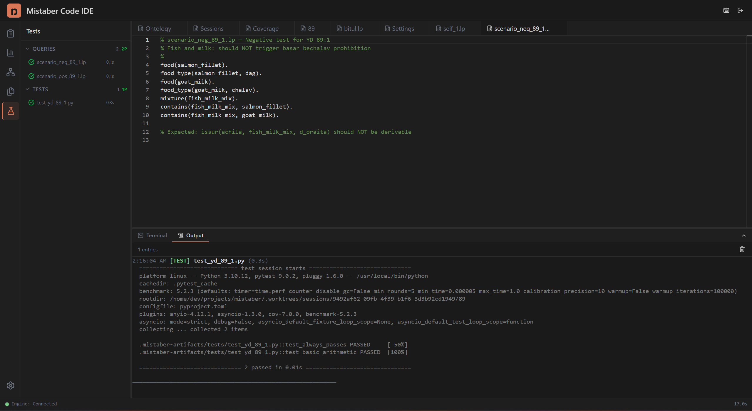 Tests panel showing test files and pytest output